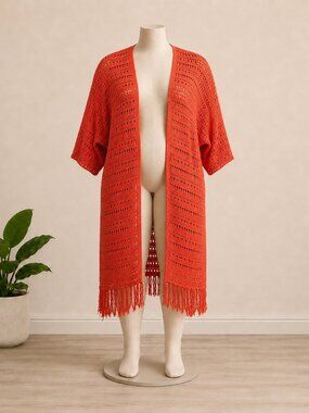 Torrid Orange Pointelle Fringe Kimono Cardigan 4X